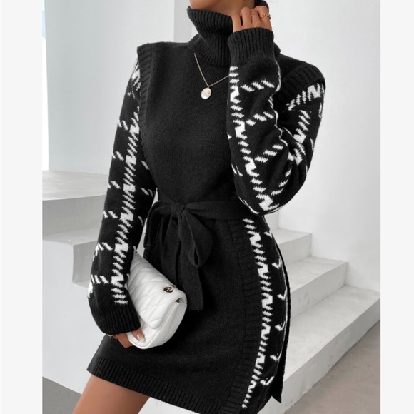 Cozy Houndstooth Pattern Turtle Neck Belted Sweater Dress - Picture 6 of 7